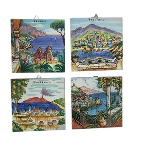 Italian Vintage Hand Painted Ceramic 6x6 Tiles Set of Four